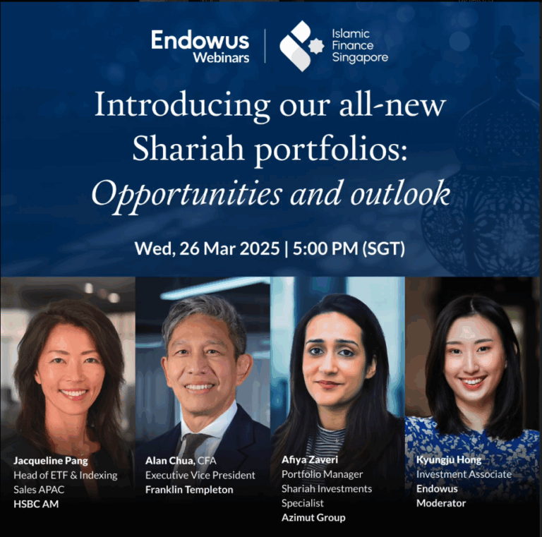 Join @endowus in their latest webinar happening on 26 March 2025, 5pm on the introduction of its all-new Shariah portfolios as they speak with fund manager experts on the opportunities and outlook of Shariah investing. Covering topics such as the future of Shariah investing and how each of the managers approach Shariah investing, this is your chance to also ask these experts any questions you might have. Thank you to Endowus for inviting Islamic Finance Singapore members for this educational and informative session. Register here: https://endowus.com/insights/introducing-shariah-portfolio-opportunities-and-outlook Investment involves risk. Past performance is not an indicator nor a guarantee for future performance. Please refer to Endowus' full disclaimer at https://sg.endow.us/mas. This advertisement has not been reviewed by the Monetary Authority of Singapore.