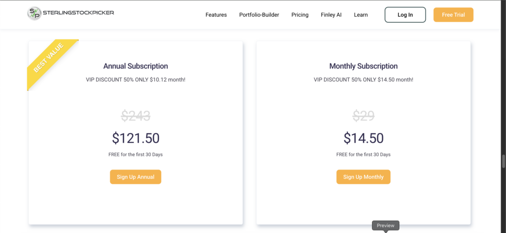 Sterling Stock Picker Pricing Plan